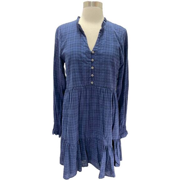 Copper Key Plaid Long Sleeve Smocked Tiered Dress Blue Juniors Small NWT - Picture 1 of 12